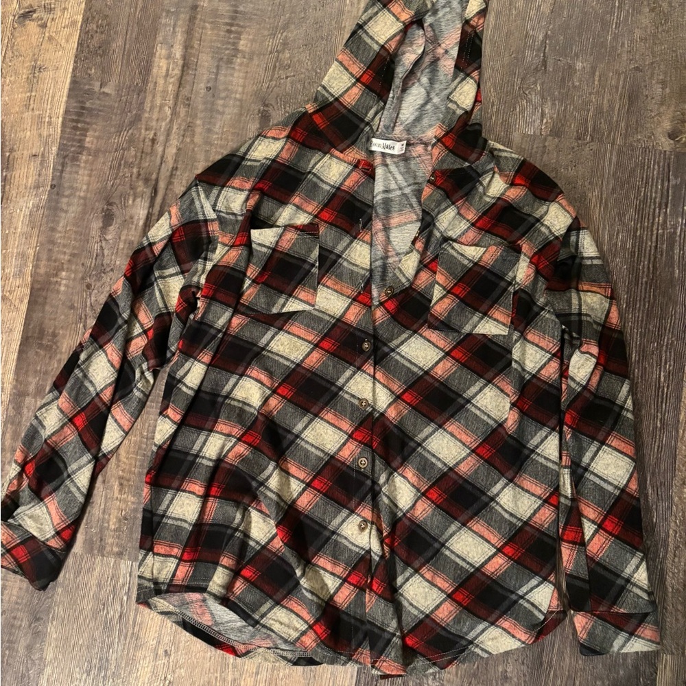 Roommates Plaid Hooded Button-Up Shirt with Hood